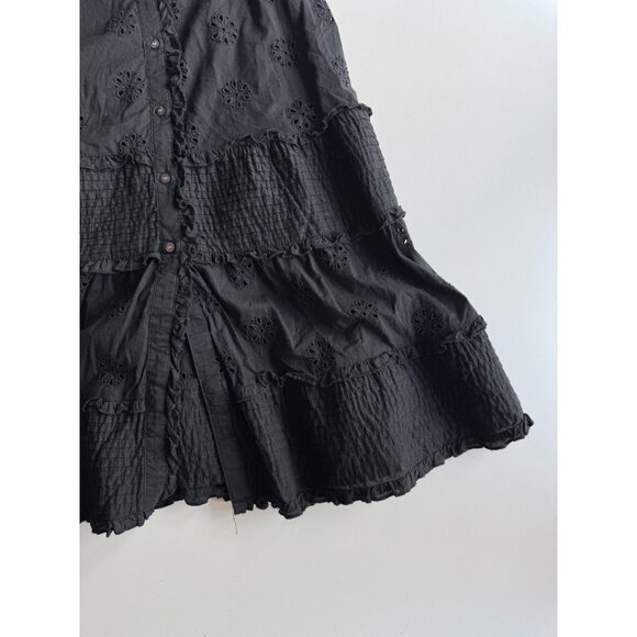GAP Black Cotton Eyelet Voile Button Front Ruffle Hem A-Line Midi Dress, Size XS - Picture 7 of 14